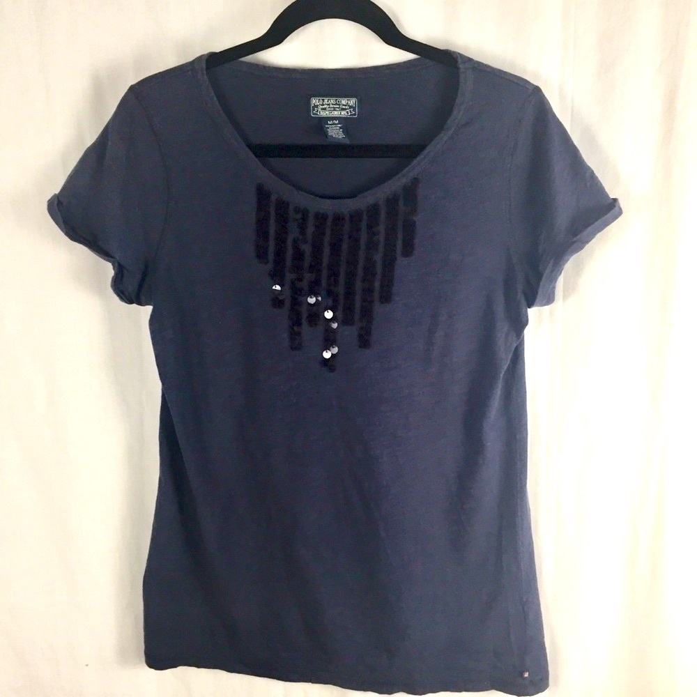 ☃️3 for $23 ☃️ Polo Jeans Navy Sequined Scoop Neck Cap Sleeved T